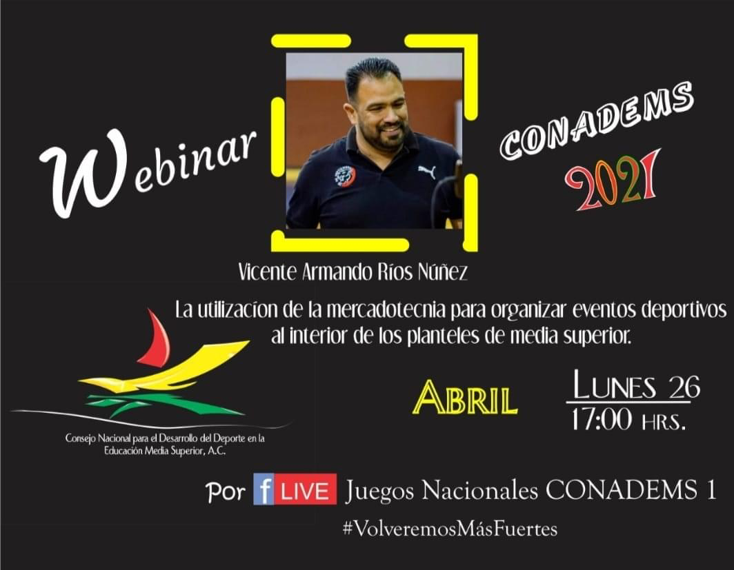 Consolidando el impulso que nuestra institución le ha dado al deporte municipal y nacional en los últimos meses, este lunes 26 de abril, nuestro Director de Deportes, Vicente Armando Ríos Núñez, dará un interesante curso para profesores y entrenadores de CONADEMS. El tema será "La utilización de la mercadotecnia para organizar eventos deportivos al interior de los planteles de media superior" en punto de las 15:00 horas tiempo de Baja California. Será por medio de la página de Facebook de CONADEMS en donde se transmitirá la capacitación en la que participarán decenas de personas del interior de la República. La clínica de organización de eventos deportivos viene en el marco del reciente nombramientos del Maestro Vicente Ríos como Delegado Municipal de COEDEMS. ¡SOMOS PANTERA!